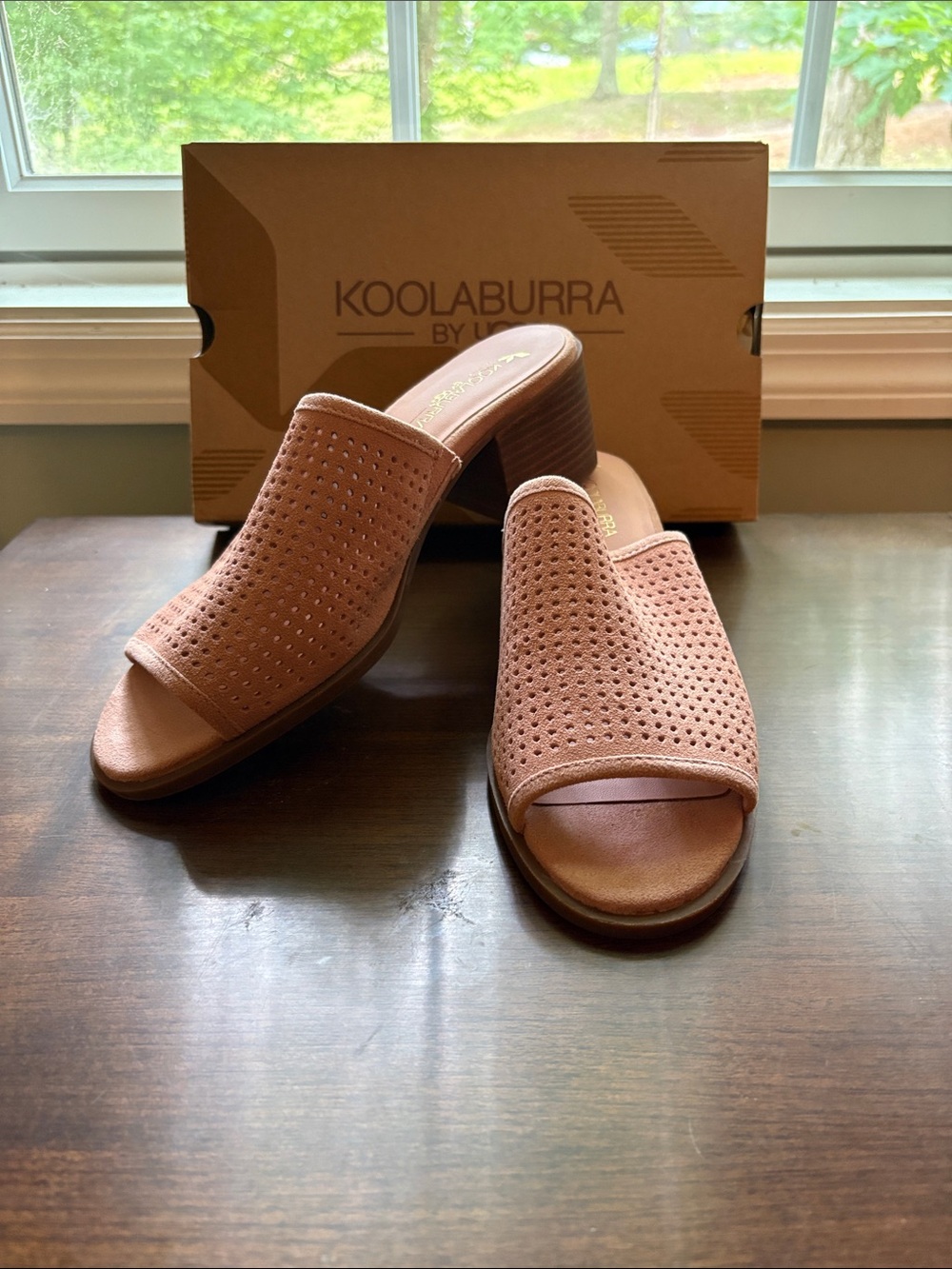 Koolaburra Open-Toe Perforated Slide Mules in Dusty Pink